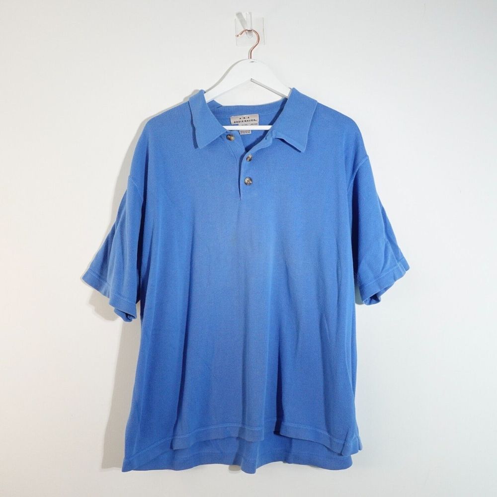 VINTAGE EDDIE BAUER Shirt XL Blue Cotton Polo Men Solid Classic Casual Fit Aqua